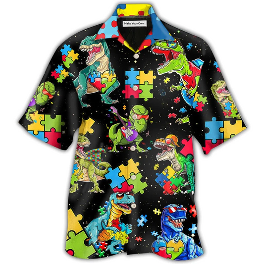 Black Dinosaur Awareness Hawaiian Shirt For Resort Getaways And Comfortable Summer Activities