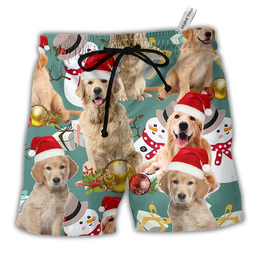 Golden Retriever Merry Christmas Snowman Beach Shorts For Holiday Beach Days