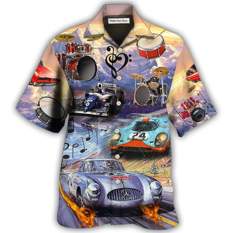 Drum Racing Music Car Hawaiian Shirt For Resort Getaways And Comfortable Summer Activities
