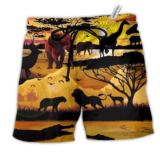 Animal Safari Where Life Begins Hawaiian Print Beach Shorts For Outdoor Activities And Vacation Styling