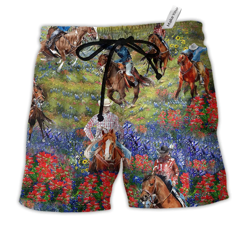 Cowboy Flowers Love Their Life Hawaiian Print Beach Shorts For Western Inspired Warm Weather Style