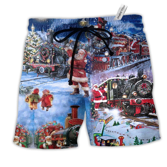 Christmas Santa And Train Happiness Hawaiian Beach Shorts For Warm Weather Celebrations