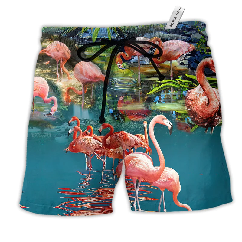 Flamingo You're Flamazing Style Hawaiian Print Beach Shorts For Resort Trips And Poolside Style