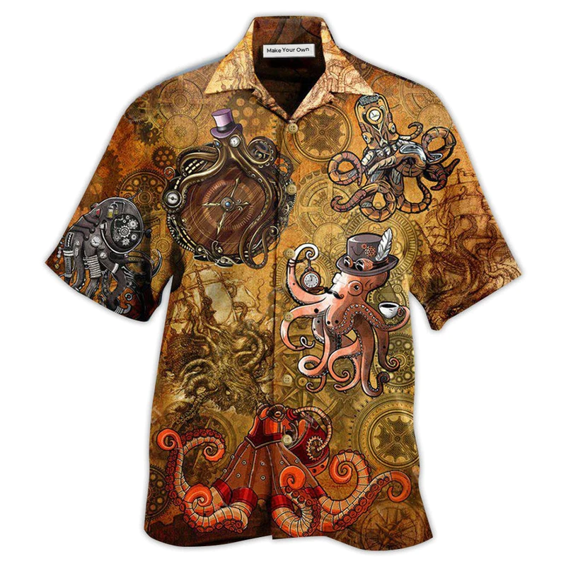 Steampunk Vintage Octopus Hawaiian Shirt Artwork Detail For Resort Trips And Outdoor Activities