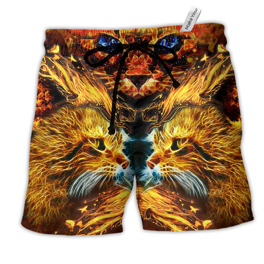 Cat Cool Flaming Cat Hawaiian Print Beach Shorts For Relaxed Warm Weather Wear