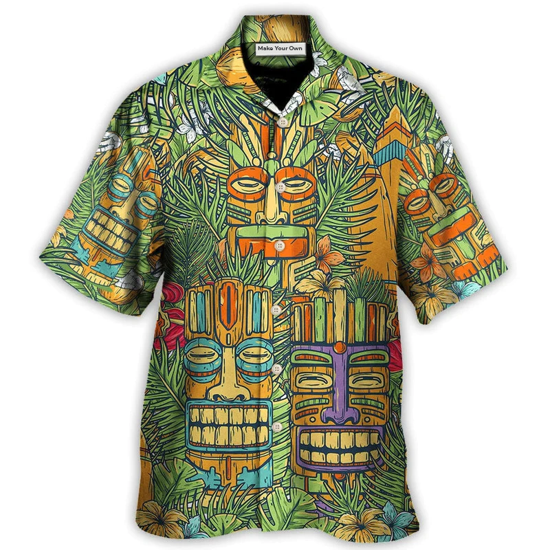 Tropical Tiki Mask Island Sur Board Palm Hawaiian Shirt For Beach Parties And Weekend Getaways