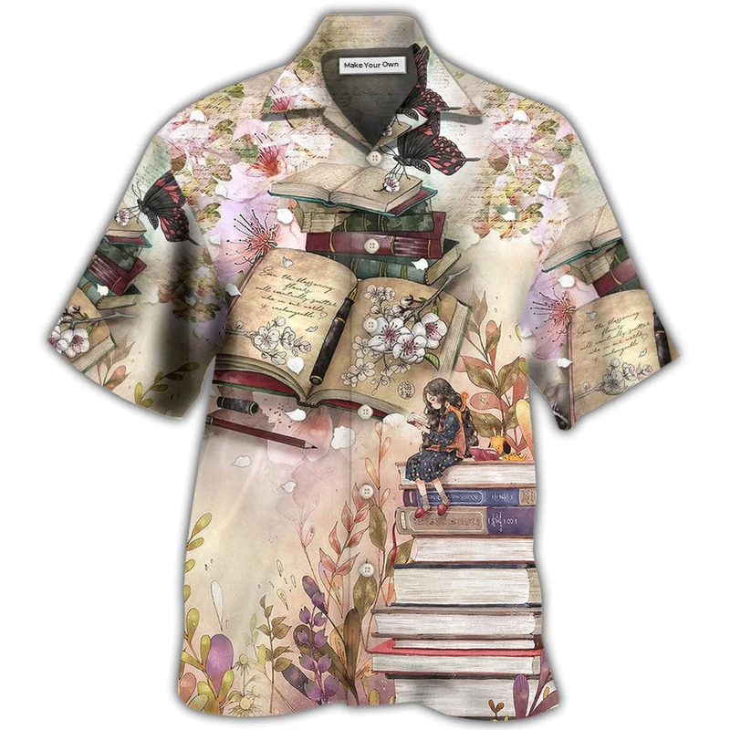 Vintage Butterfly Book Reading Hawaiian Shirt For Beach Parties And Weekend Getaways