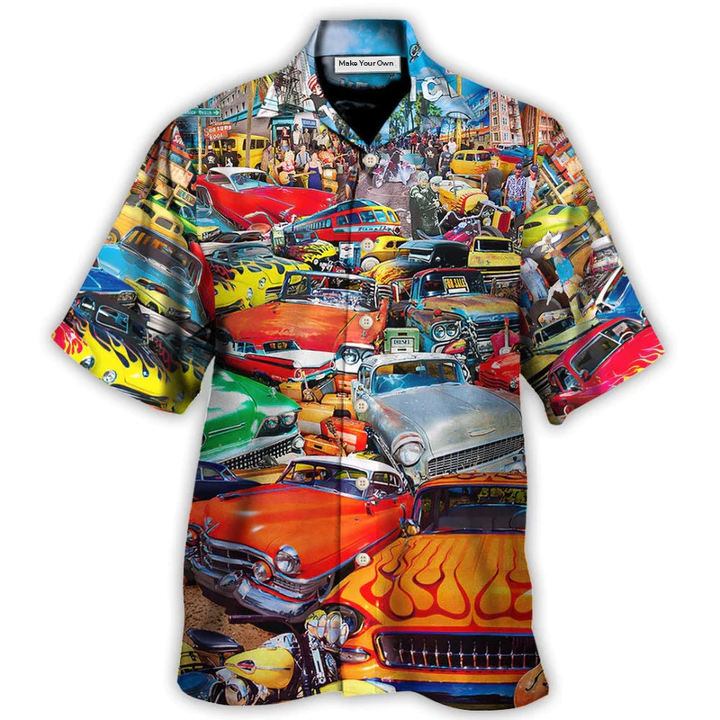 Retro Car Guitar Palm Trees Hawaiian Shirt For Poolside Relaxation And Sunny Getaways