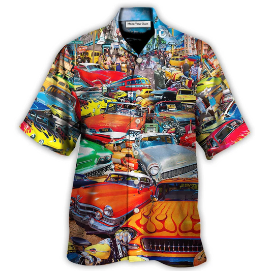 Retro Car Guitar Palm Trees Hawaiian Shirt For Poolside Relaxation And Sunny Getaways