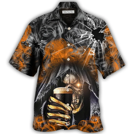 Dark Orange Skull Drinking Smoke Lighting Hawaiian Shirt Artwork View For Weekend Travel And Beach Style