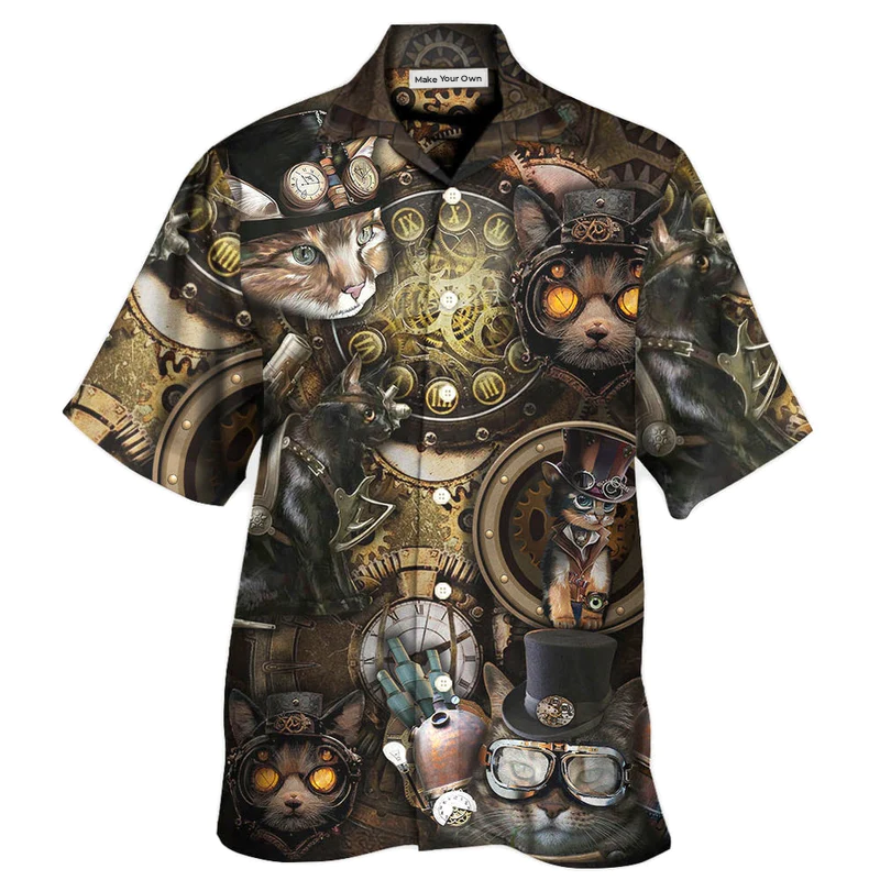 Steampunk Magical Cat About Hawaiian Shirt Artwork View For Coastal Escapes And Resort Style