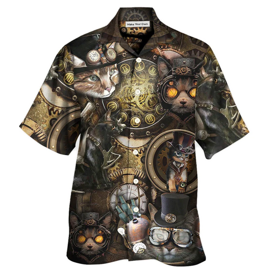 Steampunk Magical Cat About Hawaiian Shirt Artwork View For Coastal Escapes And Resort Style