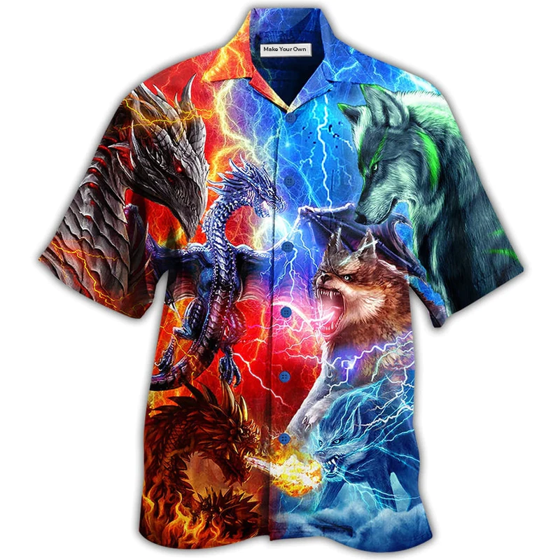 Dragon Wolf Fighting Hawaiian Shirt Design View For Casual Summer Styling