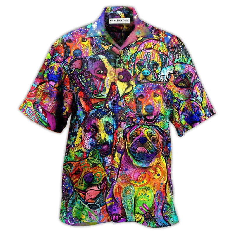 Colorful Watercolor Dog Dogs Person Thinks Hawaiian Shirt Artwork Detail For Tropical Trips And Casual Outings