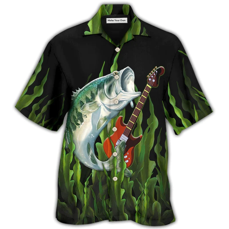 Guitar Fishing Hawaiian Shirt Design Detail For Sunny Adventures And Casual Wear