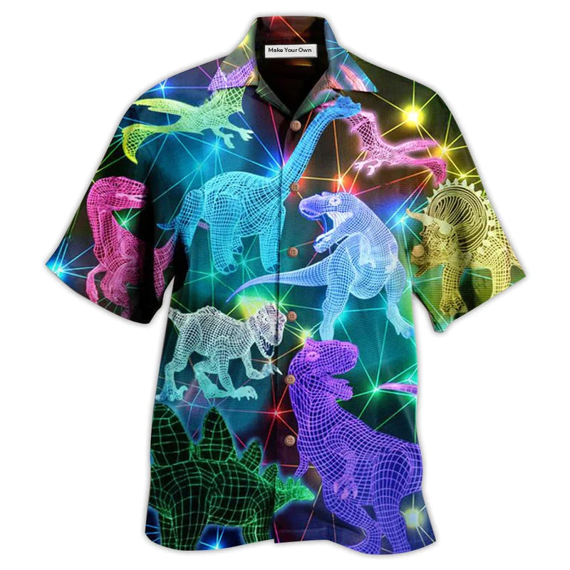 Neon Dinosaur Full Hawaiian Shirt Pattern Detail For Summer Holidays And Outdoor Fun