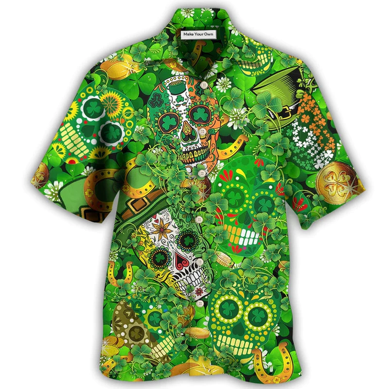 Happy Gold Skull Irish Hawaiian Shirt For Vacation Days And Relaxed Coastal Outings
