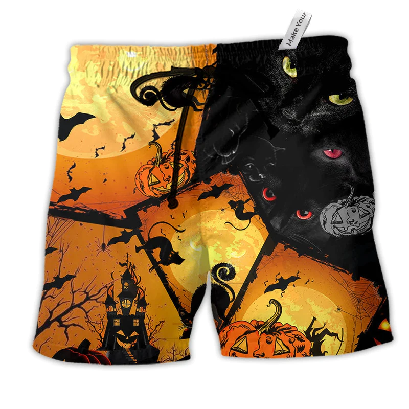 Halloween Yellow Black Cat Beach Shorts For Poolside Relaxation And Leisure And Relaxation