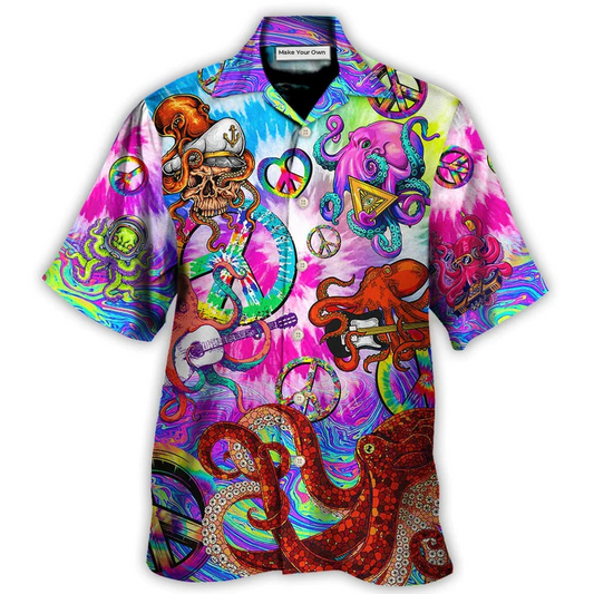 Bohemian Funny Colorful Happy Octopus Tie Dye Hawaiian Shirt Design View For Casual Summer Styling