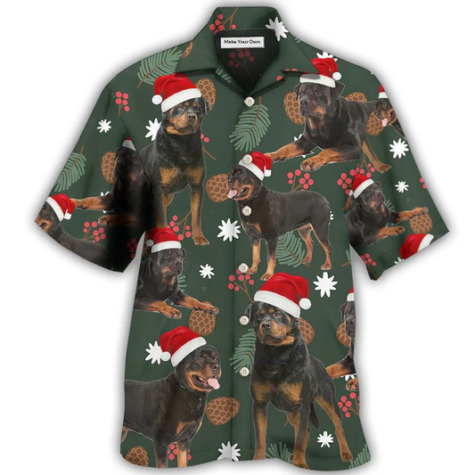 Green Rottweiler Leaf Christmas Hawaiian Shirt For Summer Events And Casual Outdoor Wear