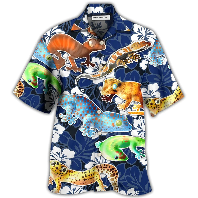Blue Tropical Floral Leopard Gecko Hawaiian Shirt Pattern View For Lightweight Everyday Style