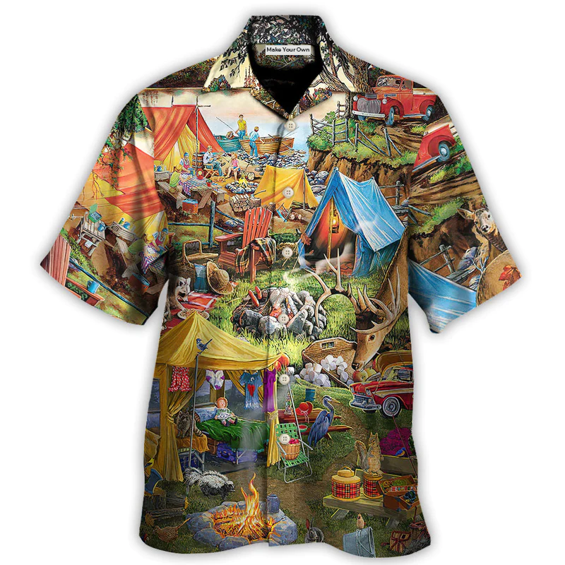 Camping Glamping Tent Family Picnic Hawaiian Shirt Button Front Artwork For Tropical Vacations