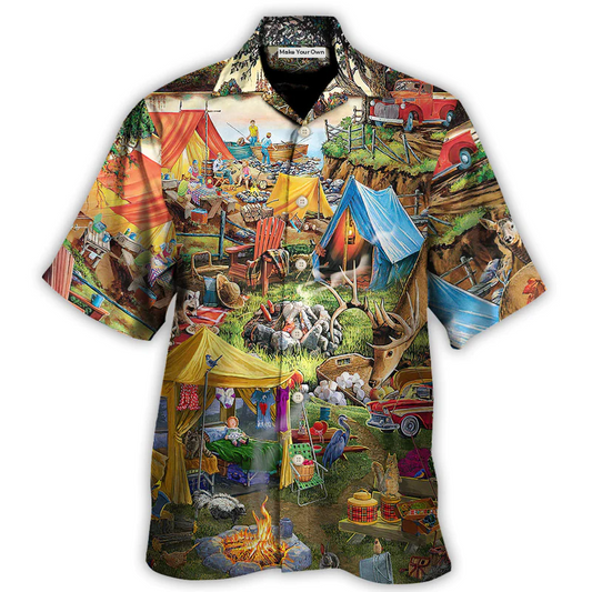 Camping Glamping Tent Family Picnic Hawaiian Shirt Button Front Artwork For Tropical Vacations
