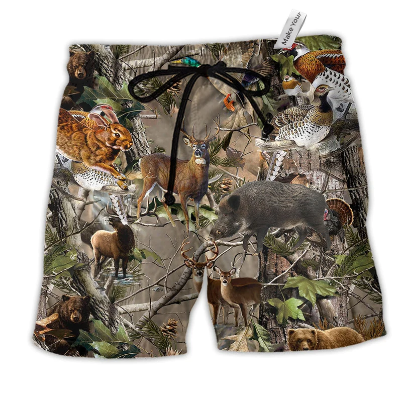 Hunting Love Animals Style Hawaiian Print Beach Shorts For Beach Days And Outdoor Activities