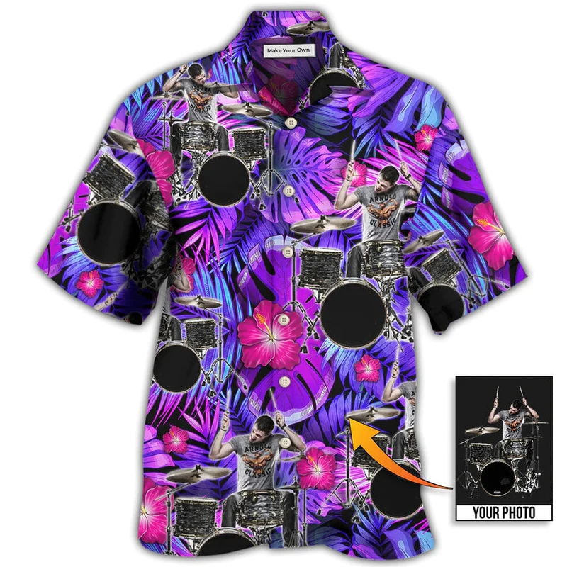 Purple Tropical Drum Custom Photo Hawaiian Shirt For Beach Parties And Weekend Getaways