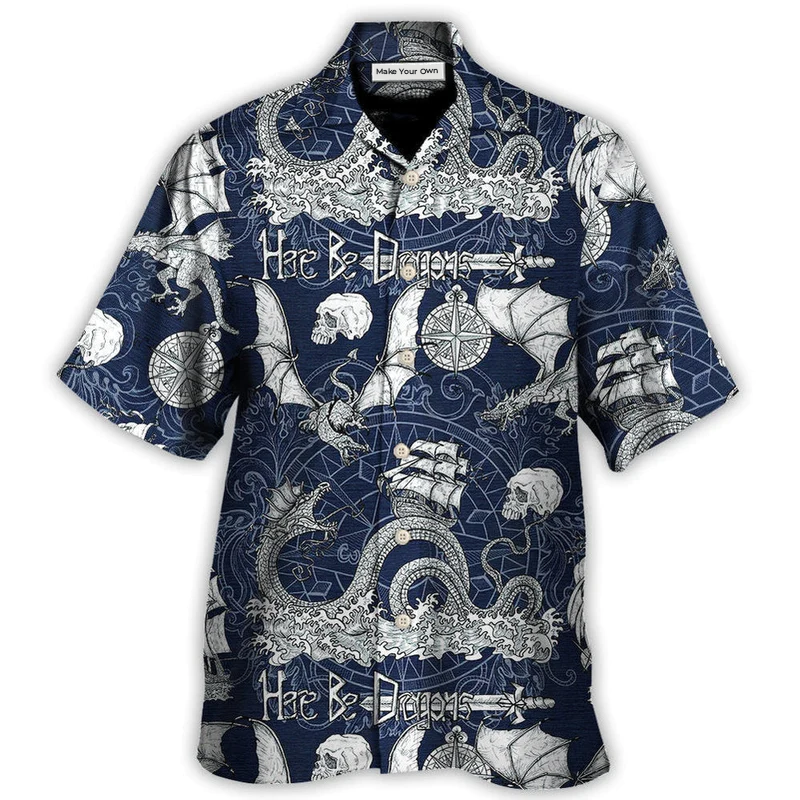 Dragon Skull Old Ship Sea Hawaiian Shirt Artwork Detail For Tropical Trips And Casual Outings