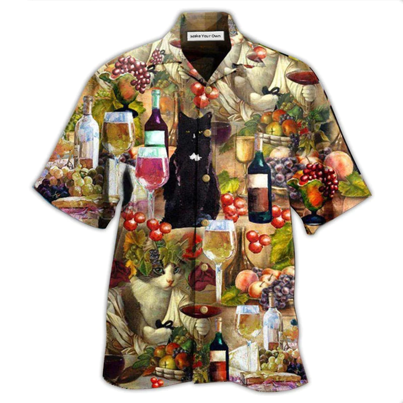 Wine Drinking Feeling Fine Cats Hawaiian Shirt For Beach Parties And Weekend Getaways