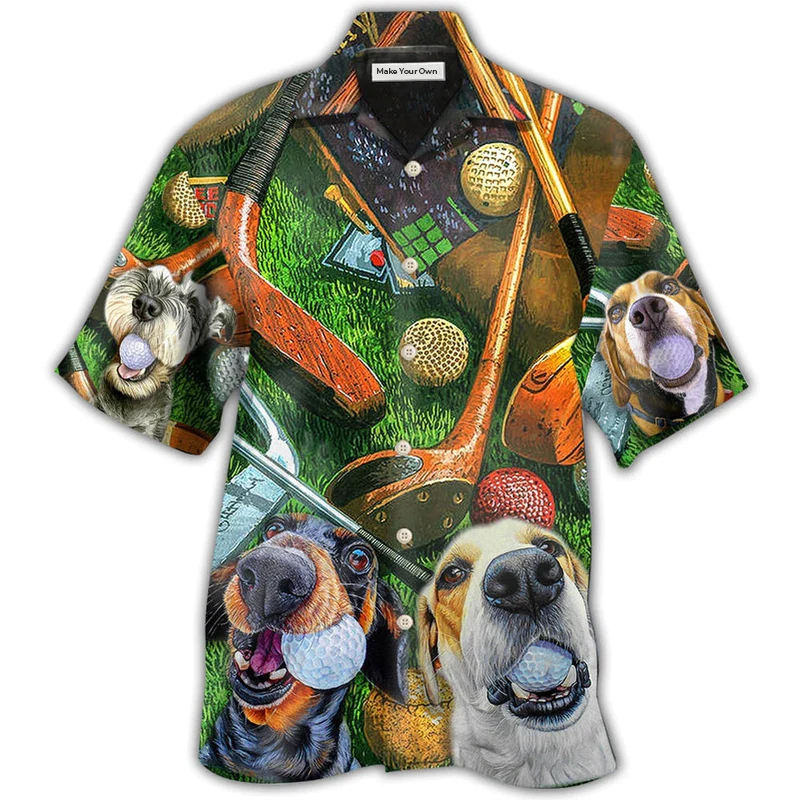 Vintage Funny Dog Golf Hawaiian Shirt Pattern Detail For Vacation Travel And Daily Wear