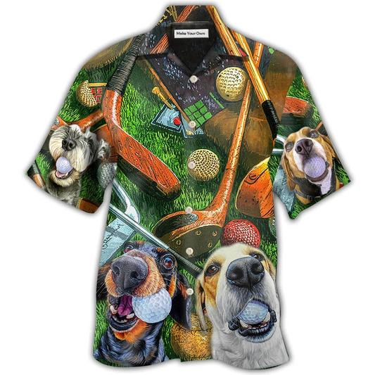 Vintage Funny Dog Golf Hawaiian Shirt Pattern Detail For Vacation Travel And Daily Wear