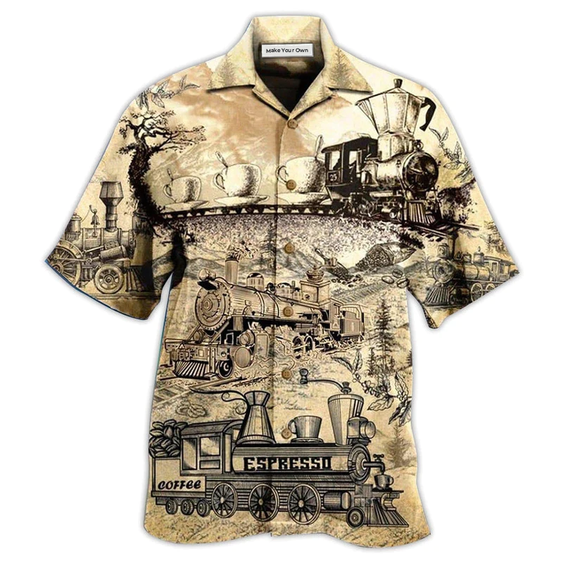Coffee Train Cup Hawaiian Shirt Artwork Detail For Resort Trips And Outdoor Activities