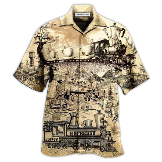 Coffee Train Cup Hawaiian Shirt Artwork Detail For Resort Trips And Outdoor Activities
