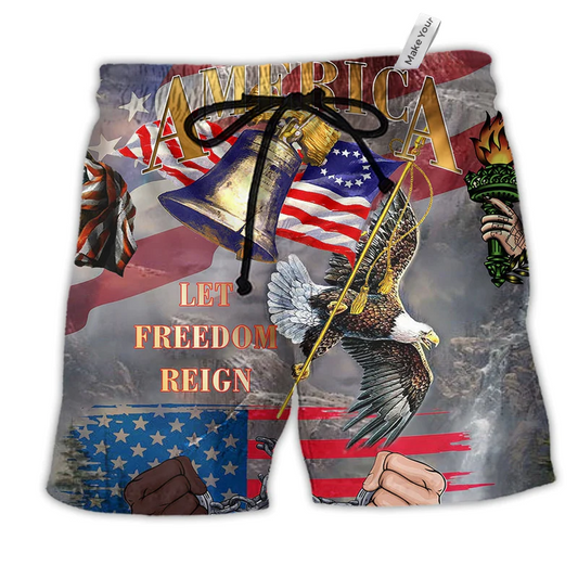America Let Freedom Reign Hawaiian Print Beach Shorts For Independence Day Vacation Wear