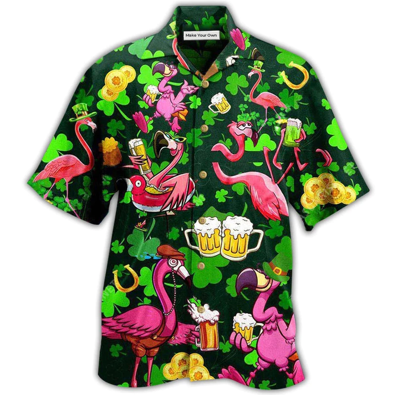 Pink Irish Flamingos Drink Beer Patricks Day Hawaiian Shirt Artwork Detail For Tropical Trips And Casual Outings