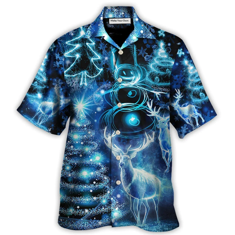 Deer Christmas Snowman Tree Glow Light Hawaiian Shirt Pattern Detail For Summer Holidays And Outdoor Fun