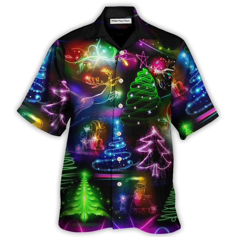 Neon Snowman Christmas Tree Hawaiian Shirt Design Detail For Beach Days And Holiday Travel