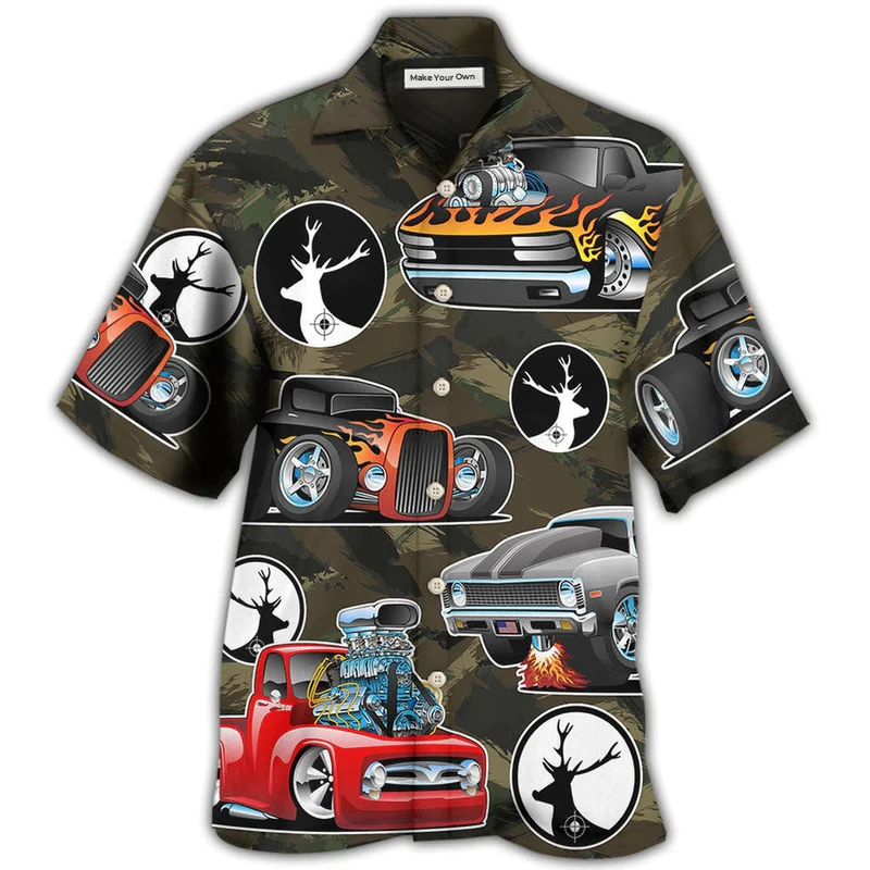 Hunting Hot Rods Hawaiian Shirt Design Detail For Sunny Adventures And Casual Wear