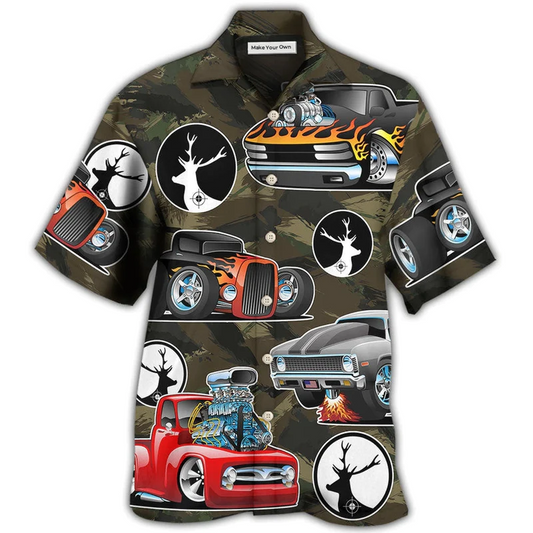 Hunting Hot Rods Hawaiian Shirt Design Detail For Sunny Adventures And Casual Wear