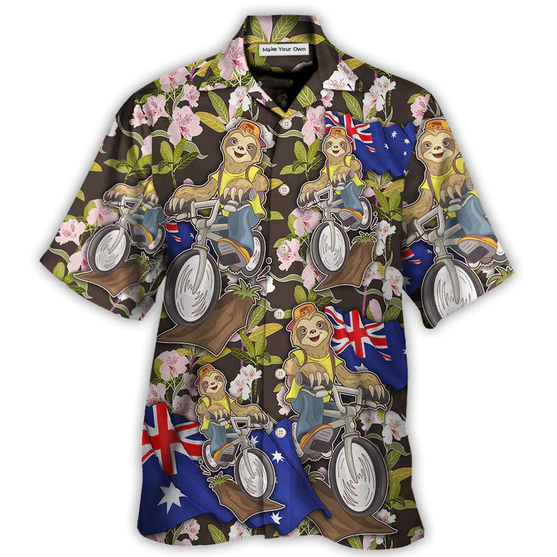 Australian Sloth Cycling Hawaiian Shirt Tropical Styling View For Resort Wear