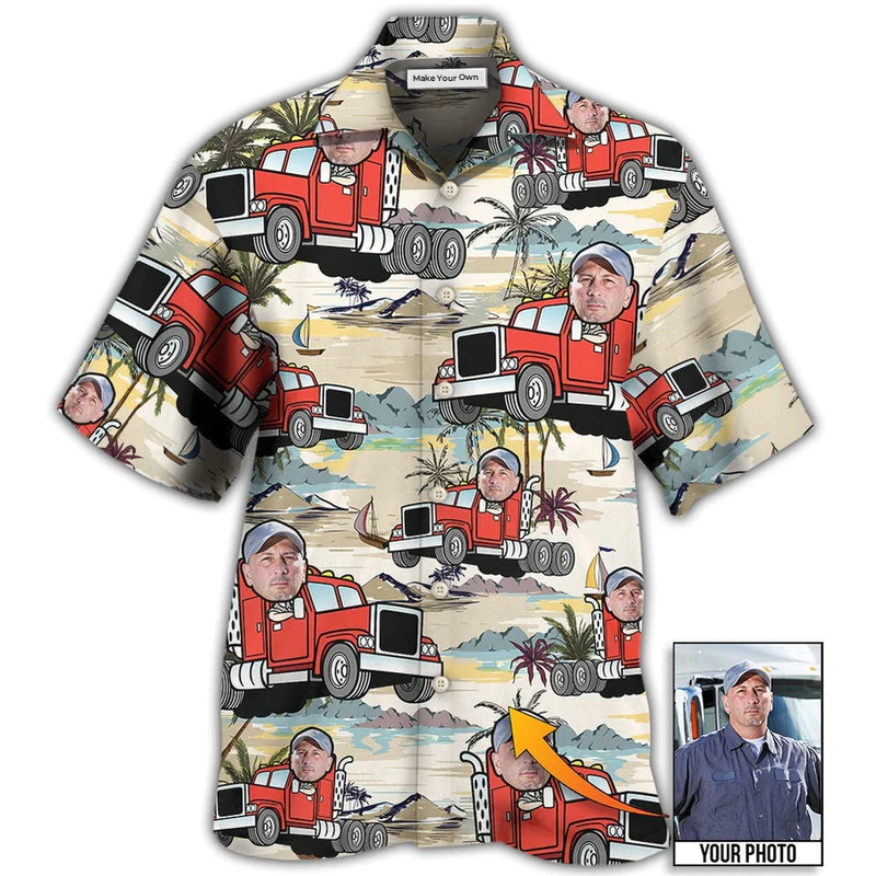 Tropical Truck Driver Beach Custom Photo Hawaiian Shirt Pattern View For Relaxed Warm Weather Outfits