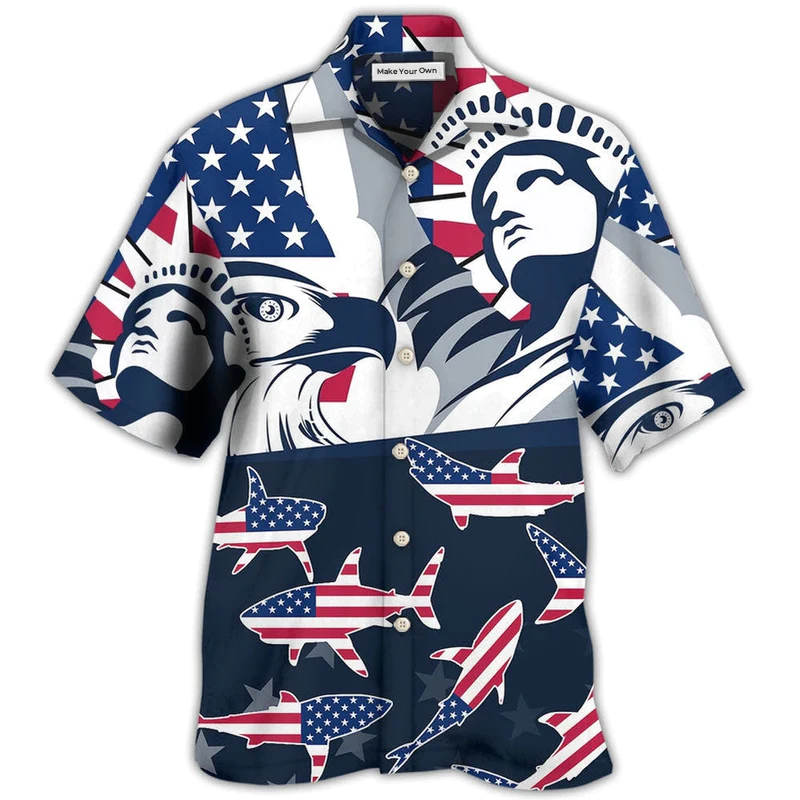 Shark American Independence Day Hawaiian Shirt Artwork View For Coastal Escapes And Resort Style