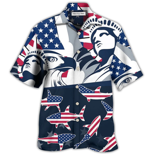 Shark American Independence Day Hawaiian Shirt Artwork View For Coastal Escapes And Resort Style