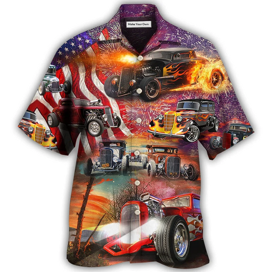 Happy Hot Rod Independence Day Firework Hawaiian Shirt Pattern Detail For Summer Holidays And Outdoor Fun
