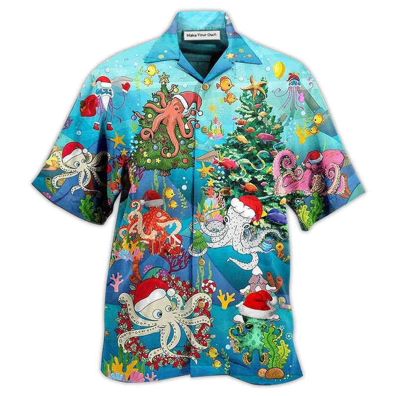 Festive Happy Octopus Christmas Hawaiian Shirt Design View For Casual Summer Styling