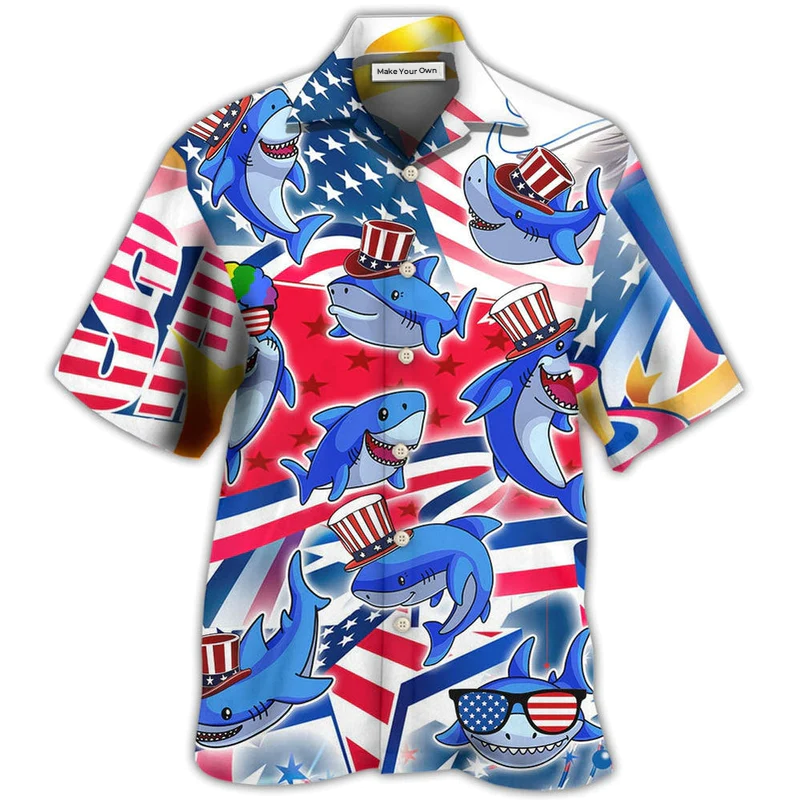 Funny Shark USA Flag Independence Day Hawaiian Shirt For Summer Vacation And Beach Travel