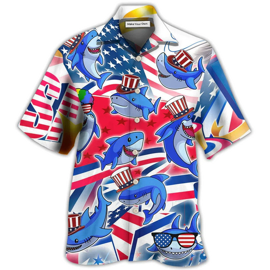 Funny Shark USA Flag Independence Day Hawaiian Shirt For Summer Vacation And Beach Travel