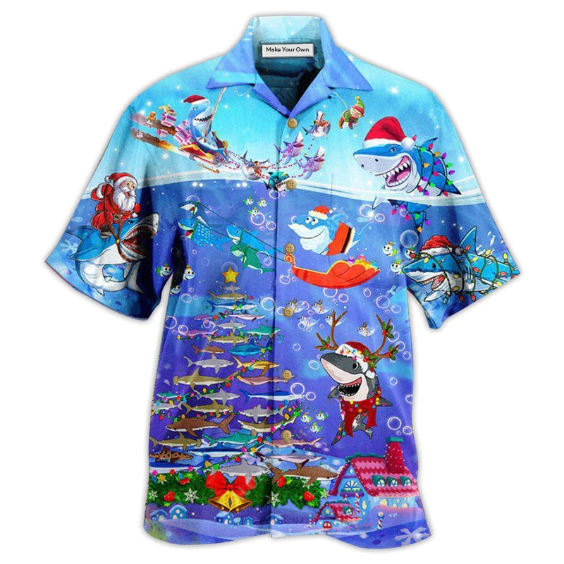 Shark Christmas Santa Sits Rockets Brings Gifts Hawaiian Shirt For Coastal Adventures And Warm Weather Wear